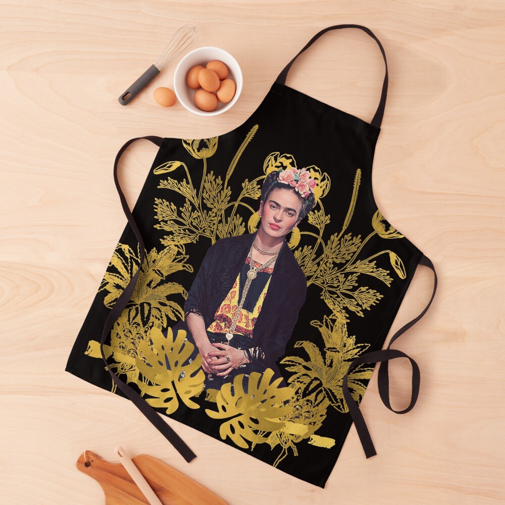Frida Kahlo portrait color, golden flowers, black background Apron