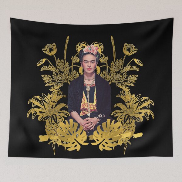 Item preview,  Frida Kahlo portrait color, golden flowers, black background designed and sold by Adriana C (All about Frida).