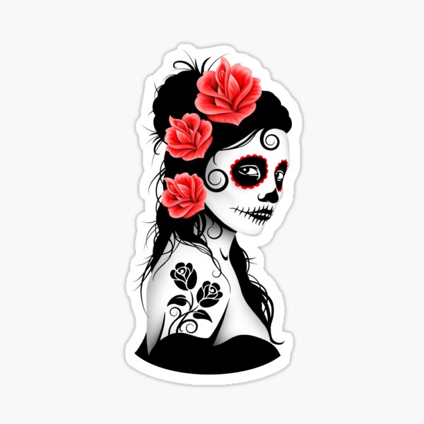 Red Day of the Dead Sugar Skull Girl Sticker