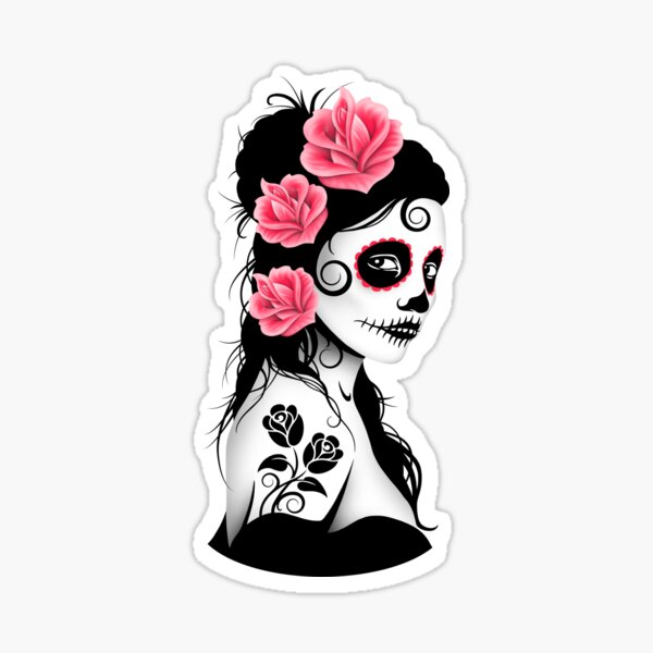 Download Pink Day Of The Dead Sugar Skull Girl Sticker By Jeffbartels Redbubble