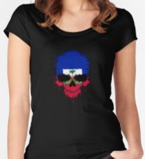 Chaotic Haitian Flag Splatter Skull Women's Fitted Scoop T-Shirt