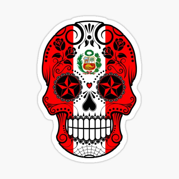 Calavera de azúcar con rosas y bandera de Perú Pegatina