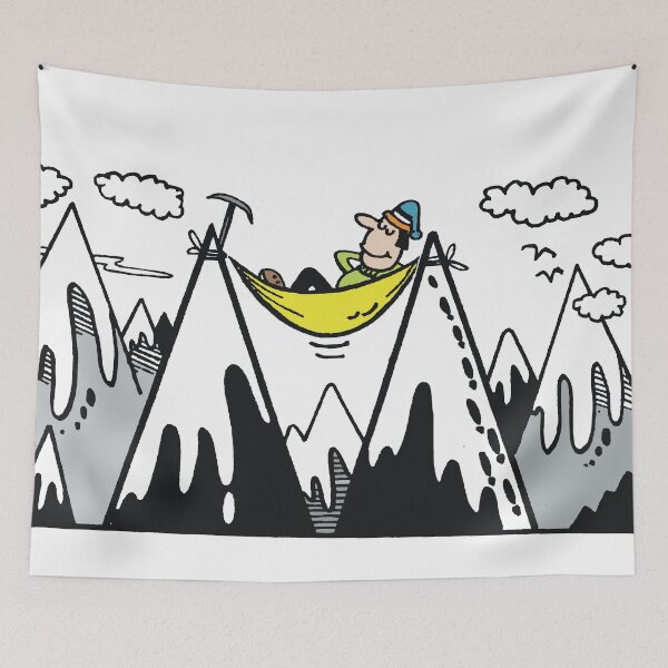 Item preview, Cartoon of mountain climber resting in hammock between peaks designed and sold by Al Benge.