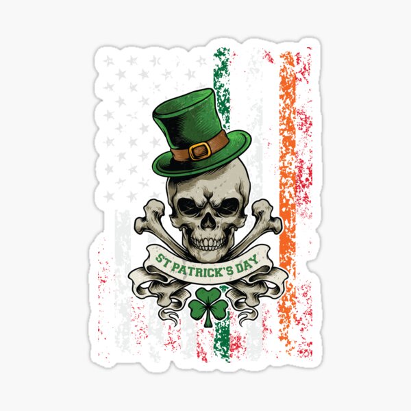 St. Patrick's Day Skull Leprechaun Irish Shamrock Ireland American Flag Retro Vintage Sticker