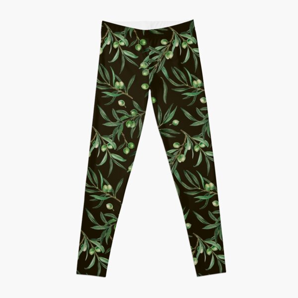 Olive branches watercolor on black Leggings