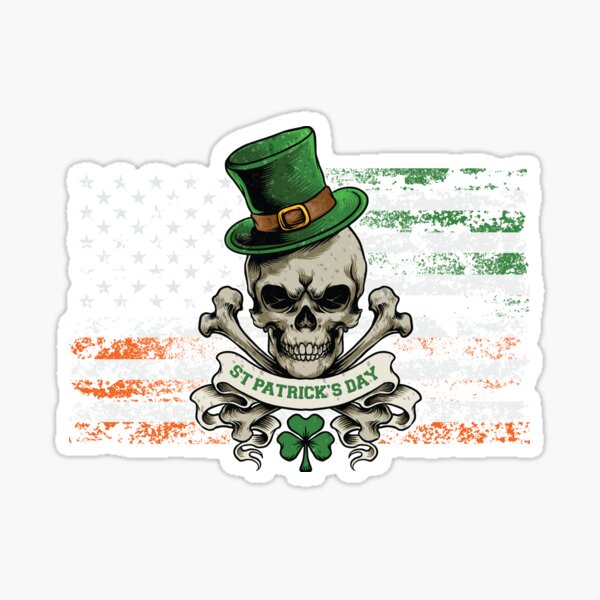 St. Patrick's Day Skull Leprechaun Irish Shamrock Ireland American Flag Retro Vintage Sticker