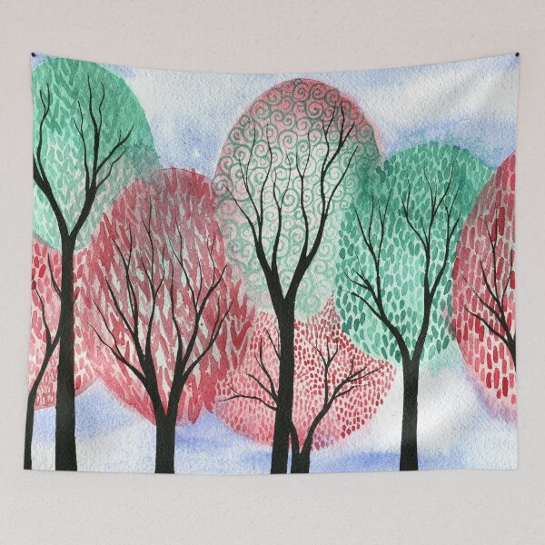 Item preview, Autumn Tempus - Whimsical watercolour painting of autumn fall trees in red and green designed and sold by klbailey.