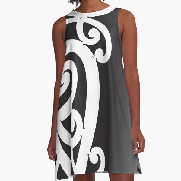 Black and White Layered Maori Koru Design A-Line Dress