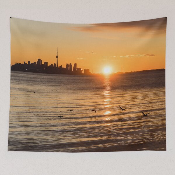 Item preview, Crossing the Sunpath in Flight - Toronto Skyline Sunrise with Seagulls designed and sold by Georgia Mizuleva.