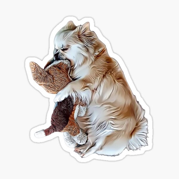 Adorable Sleeping Tibetan Spaniel with Her Toy Dog , Drawing Sticker