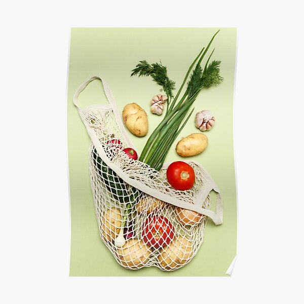 Trendy string bag with fresh vegetables and greens over light green background: potatoes, tomatoes, onion, garlic. Zero waste sustainable lifestyle concept. Poster