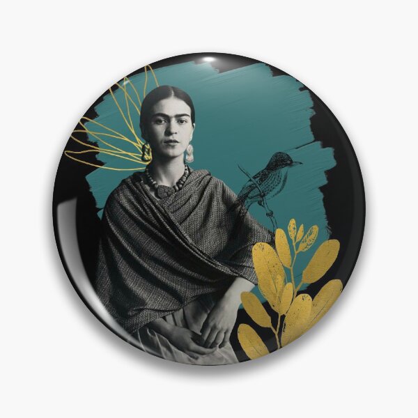 Item preview, Frida Kahlo portrait, black and white, flowers and bird, black background designed and sold by Adriana C (All about Frida).
