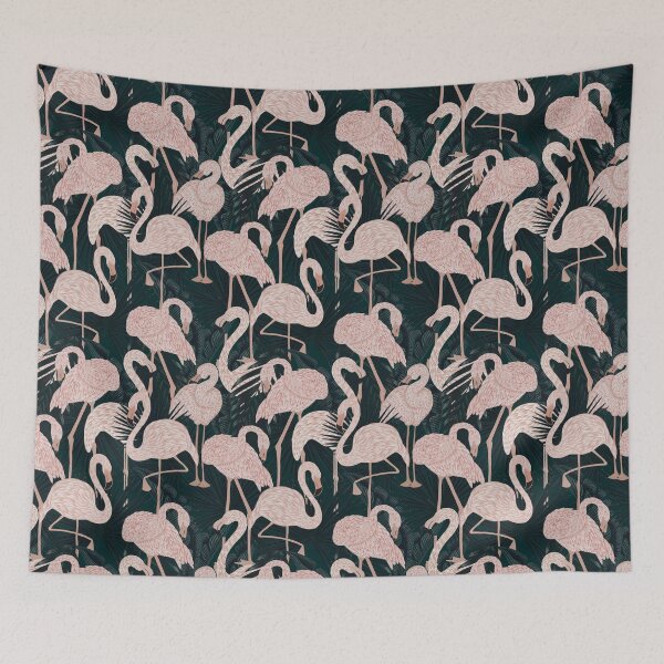 Item preview, Tropical seamless stylized concept digital print with pink flamingos, tropical green leaves, areca, banana leaves, rainforest plants. designed and sold by ANAKOTO.