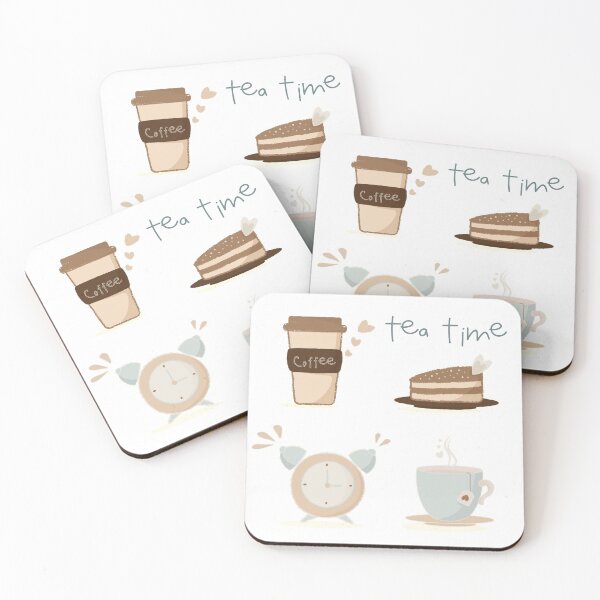 Item preview, Pretty Tea Time Set Stickers with Coffee Cake Alarm Clock Blue Background with Hearts in Mugs, bags, apron, socks, art prints designed and sold by MilcArtworks.