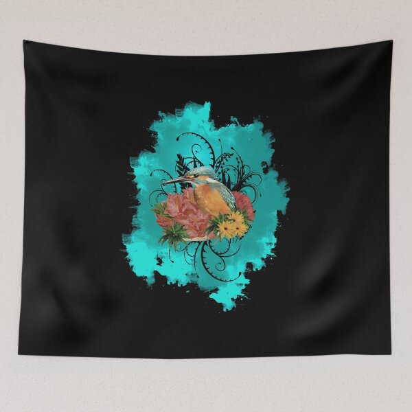 Item preview, Kingfisher with lovely red and yellow flowers. designed and sold by koalas1414.