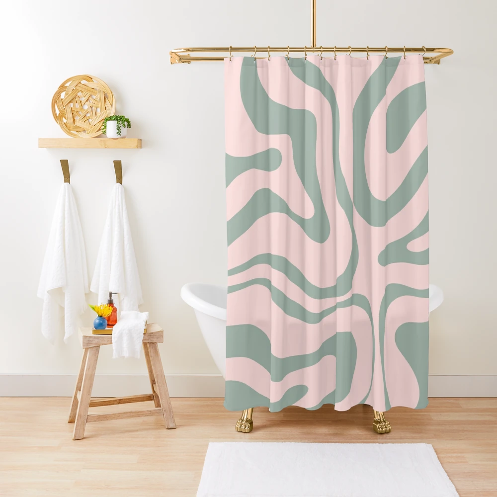 Aesthetic 70S Abstract Wavy Swirl Shower Curtain, Cute Sage Green