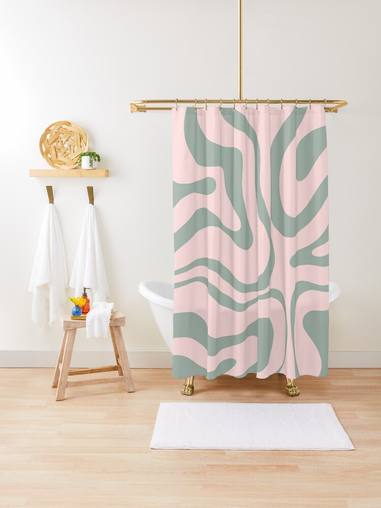 Aesthetic 70S Abstract Wavy Swirl Shower Curtain, Cute Sage Green