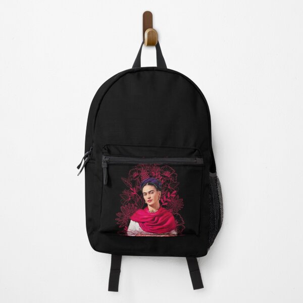 Item preview, Frida Kahlo portrait color, pink flowers, black background designed and sold by Adriana C (All about Frida).