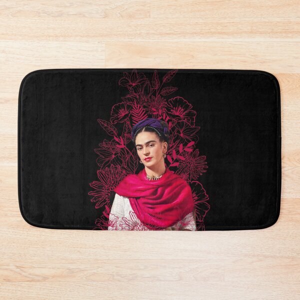 Item preview, Frida Kahlo portrait color, pink flowers, black background designed and sold by Adriana C (All about Frida).