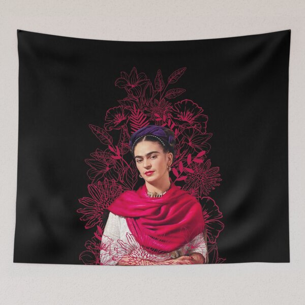 Item preview, Frida Kahlo portrait color, pink flowers, black background designed and sold by Adriana C (All about Frida).