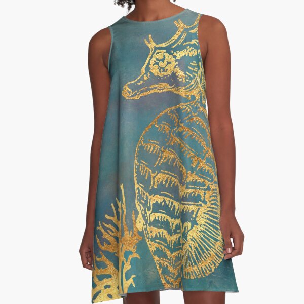 Deep Sea Life V Golden Seahorse, ocean texture A-Line Dress