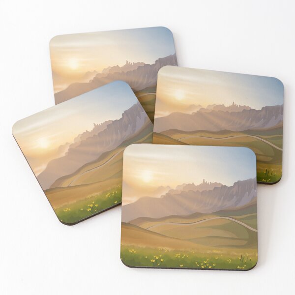 Item preview, Golden Sunrise Over Hilly Green Fields and Yellow Tulips Landscape Digital Illustration designed and sold by AlmightyClaire.