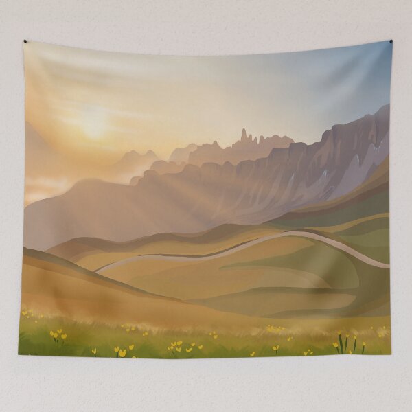 Item preview, Golden Sunrise Over Hilly Green Fields and Yellow Tulips Landscape Digital Illustration designed and sold by AlmightyClaire.