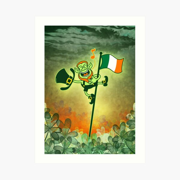 Green Leprechaun Singing on a Flag Pole Art Print