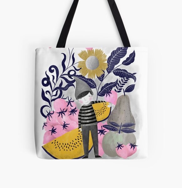 fruit gnome illustration in pink and yellow All Over Print Tote Bag