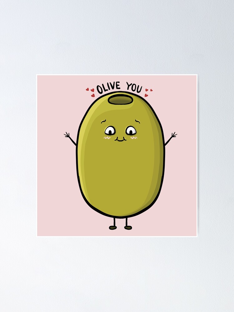 "Olive You, Fun Food Cute Olive Cartoon Pun Digital Illustration