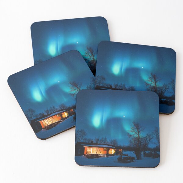 Item preview, blue northern lighs sky above a house in the snowed forest designed and sold by ImRotem.