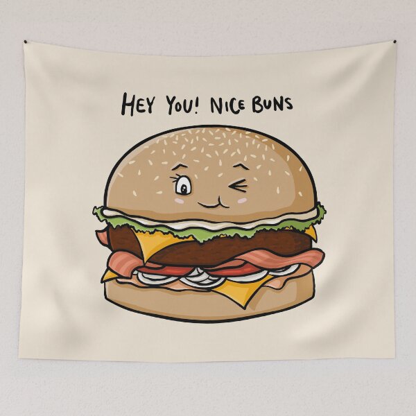 Item preview, Hey You! Nice Buns, Funny Burger Cartoon Pun Digital Illustration designed and sold by AlmightyClaire.