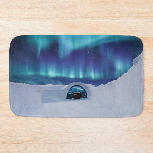 Item preview, blue northern lighs sky above a house in the snow designed and sold by ImRotem.