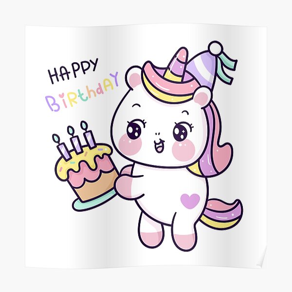 Póster «Lindo unicornio cartoonholding pastel de cumpleaños para fiesta  pony dibujos animados animales kawaii» de vividdiy8 | Redbubble