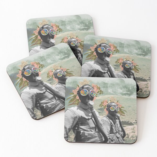 Item preview, Two men in Gas Masks with Futuristic Landscape and Flowers designed and sold by KALEIDOSCOPE UK.