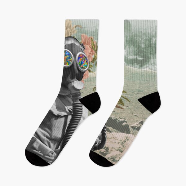 Item preview, Two men in Gas Masks with Futuristic Landscape and Flowers designed and sold by KALEIDOSCOPE UK.