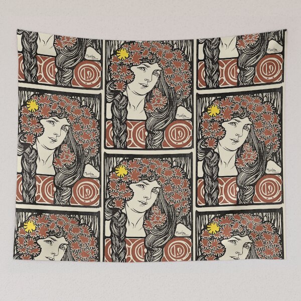 Item preview, Art Nouveau Woman Portrait with flowers in the hair. Mucha designed and sold by LeAllureVintage.