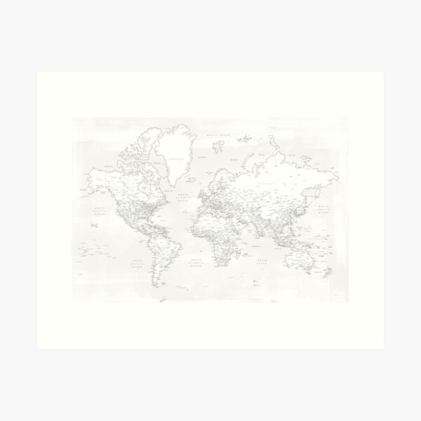 Vista previa del artículo con la obra «Apenas hay mapa del mundo detallado en blanco y gris, Maeli White», diseñado y vendido por blursbyai.