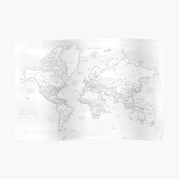 Barely there white and grey detailed world map, Maeli White Poster