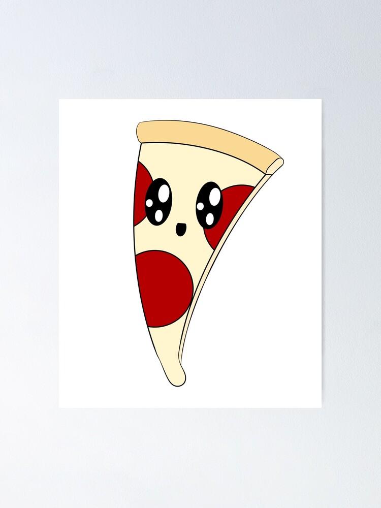 Slice of pizza with happy, smiling, kawaii anime face and delicious  toppings.