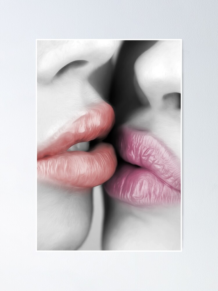 "Beautiful Luscious Lips Kissing Colored Lips Painting" Poster by