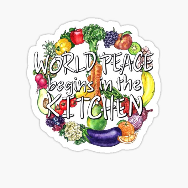 Vista previa del artículo con la obra «La paz mundial comienza en la cocina», diseñado y vendido por MEFury.