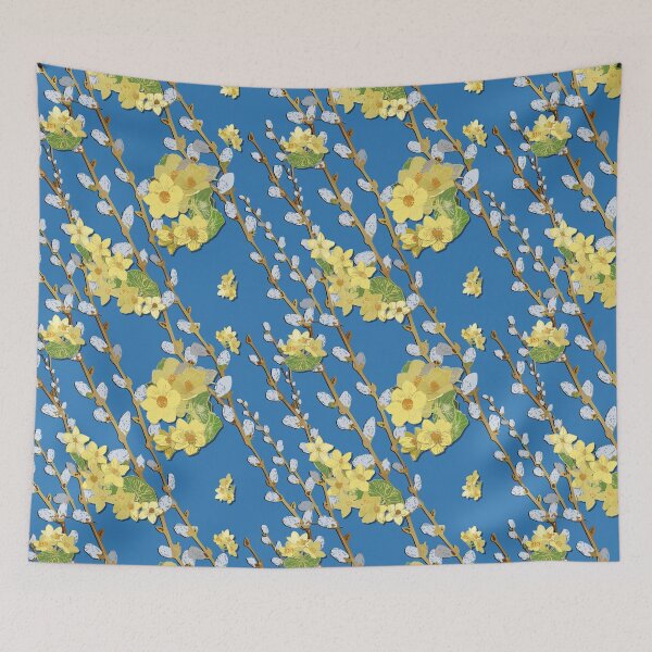 Item preview, Pussy Willows and Marsh Marigold diagonal - French Blue Background designed and sold by Eejee-SK.