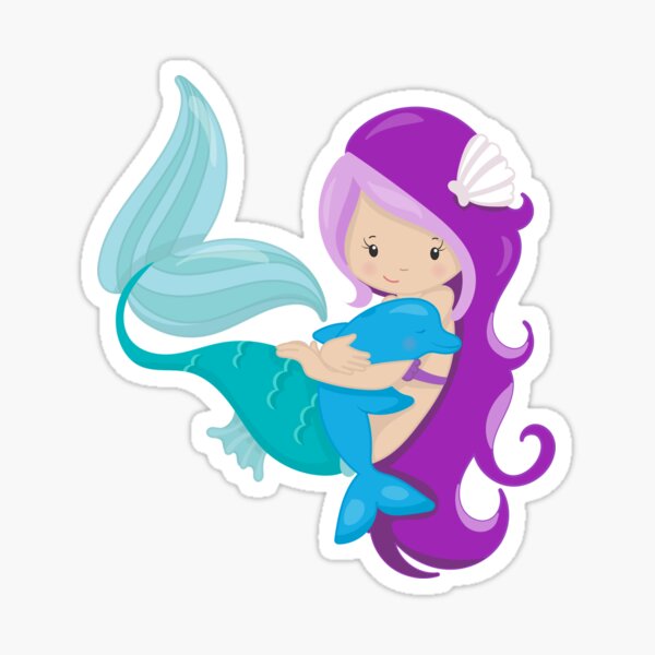 Purple Haired Mermaid Hugging a Baby Dolphin Sticker