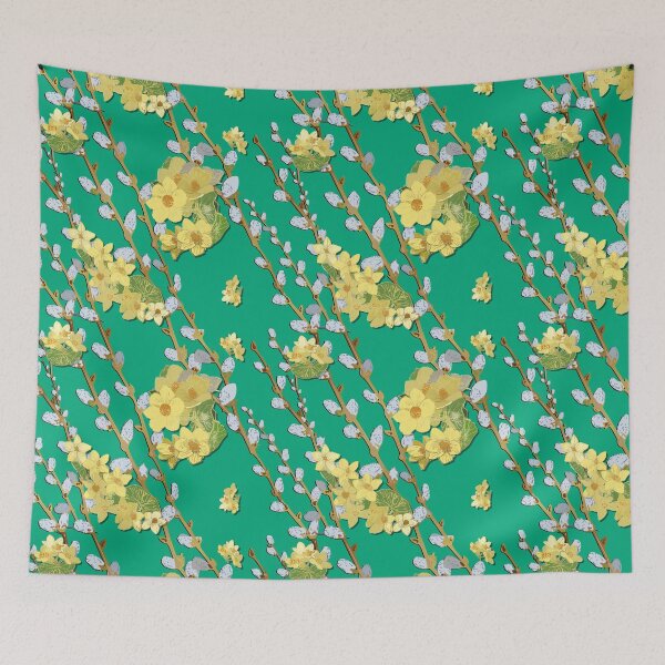 Item preview, Pussy Willows and Marsh Marigold diagonal - Mint Background designed and sold by Eejee-SK.
