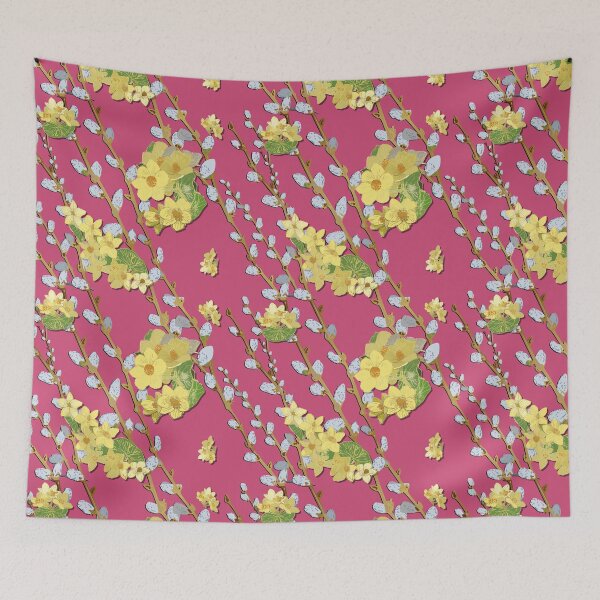 Item preview, Pussy Willows and Marsh Marigold diagonal - Raspberry Background designed and sold by Eejee-SK.
