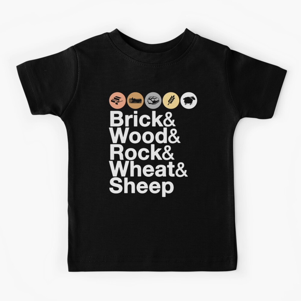 Helvetica Settlers of Catan: Brick, Wood, Rock, Wheat, Sheep | Board Game Geek Ampersand Design Kids T-Shirt
