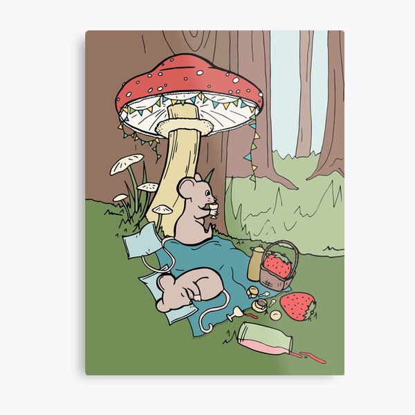 Mouse Picnic with Strawberries Under a Giant Mushroom Metal Print