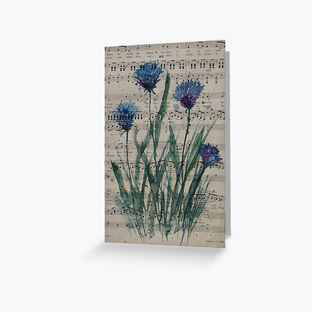 "Blue Cornflower Watercolor Painting on Vintage Music Note" Greeting