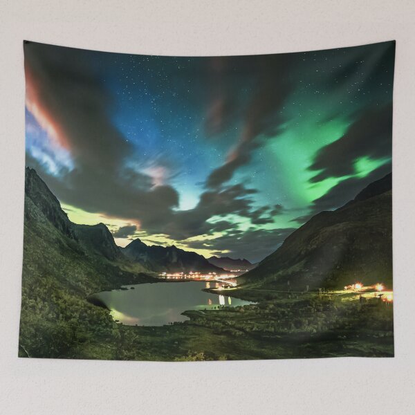 Item preview, amazing view with northern lights trails between mountain above a lake designed and sold by ImRotem.
